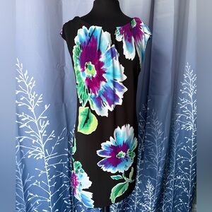 London Times Black Dress with Blue Purple Green Floral Design